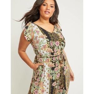 Lane Bryant Mixed Print Maxi Dress Shoulder Ties Floral Size 16